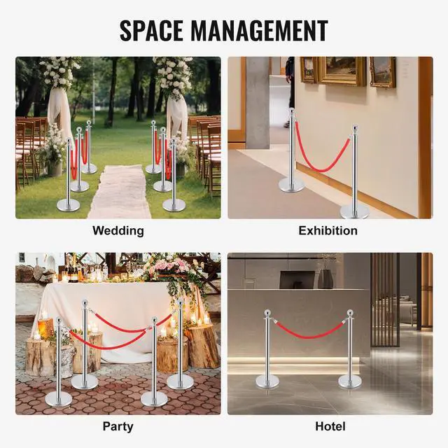Alt view image 2 of 6 - 6PCS Stainless Steel Stanchions Post w/ 4 Red Velvet 5ft Carpet Ropes - Hollow Base for Red Carpet Queue - Crowd Control Barriers Ideal for Party, Wedding, Hotels, Exhibitions - Silver