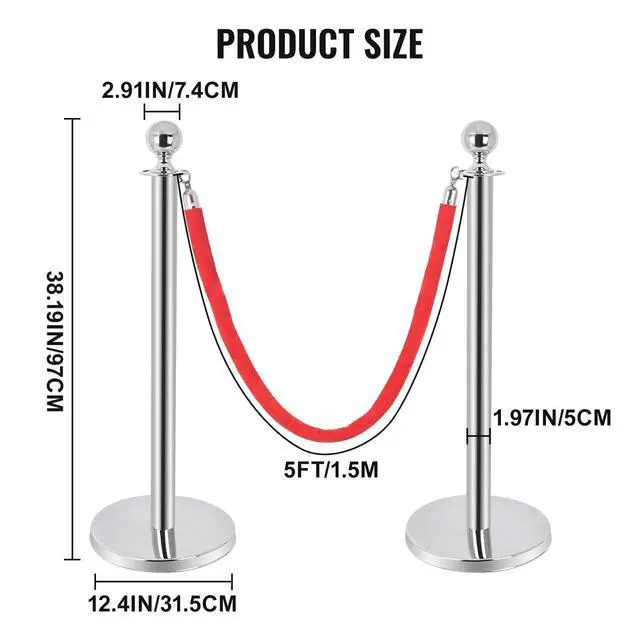 Alt view image 3 of 6 - 6PCS Stainless Steel Stanchions Post w/ 4 Red Velvet 5ft Carpet Ropes - Hollow Base for Red Carpet Queue - Crowd Control Barriers Ideal for Party, Wedding, Hotels, Exhibitions - Silver