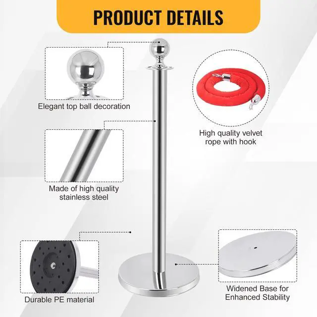 Alt view image 5 of 6 - 6PCS Stainless Steel Stanchions Post w/ 4 Red Velvet 5ft Carpet Ropes - Hollow Base for Red Carpet Queue - Crowd Control Barriers Ideal for Party, Wedding, Hotels, Exhibitions - Silver