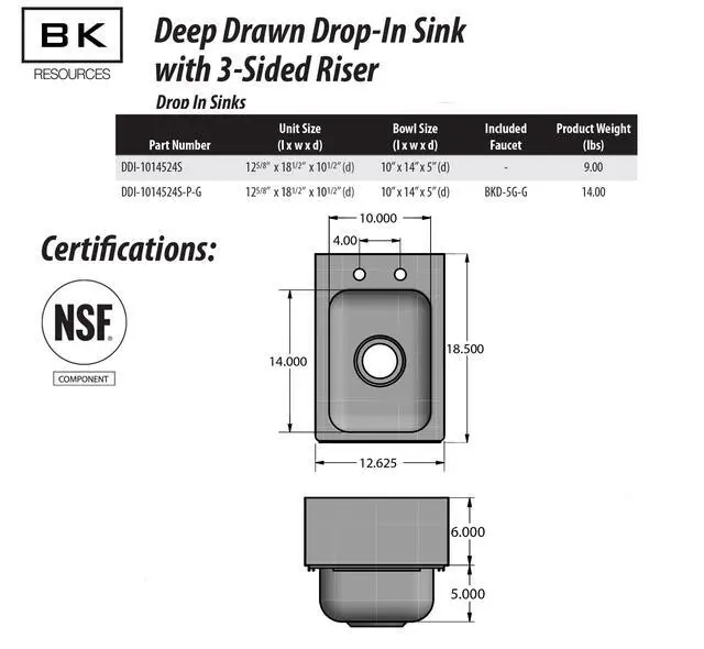 Alt view image 4 of 6 - s NSF Commercial One Compartment Drop in Sink with Faucet, 10"x14"x5", 3 Sided Splash Guards, 18 Gauge T-304 Stainless Steel, Top Mount, 5" Gooseneck Faucet, Seamless Construction