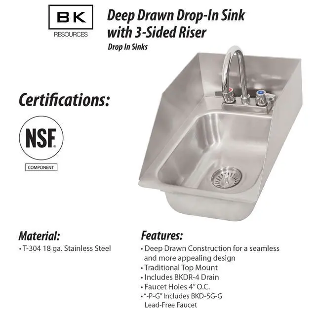 Alt view image 5 of 6 - s NSF Commercial One Compartment Drop in Sink with Faucet, 10"x14"x5", 3 Sided Splash Guards, 18 Gauge T-304 Stainless Steel, Top Mount, 5" Gooseneck Faucet, Seamless Construction