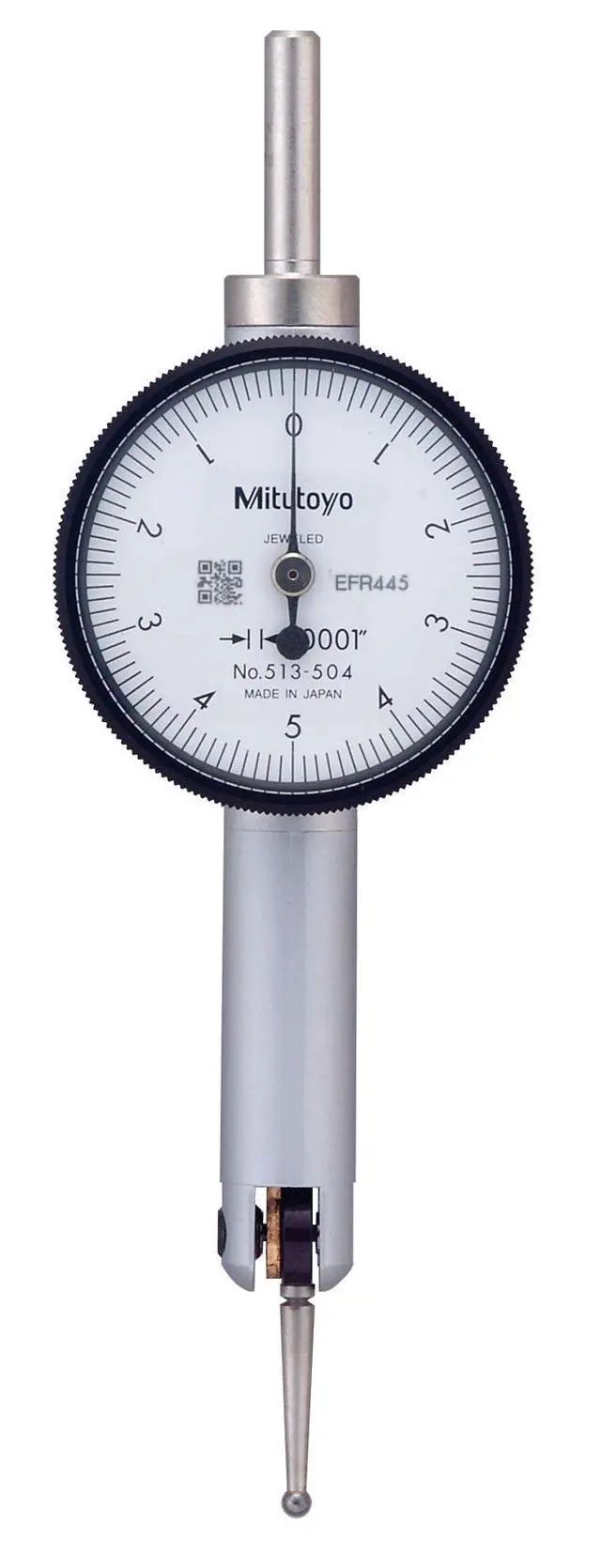 Main image of 513-504 Pocket Type Dial Test Indicator, Basic Set, Horizontal Type, 0.375" Stem Dia., White Dial, 0-5-0 Reading, 1.3" Dial Dia., 0-0.01" Range, 0.0001" Graduation, +/-0.0002" Accuracy