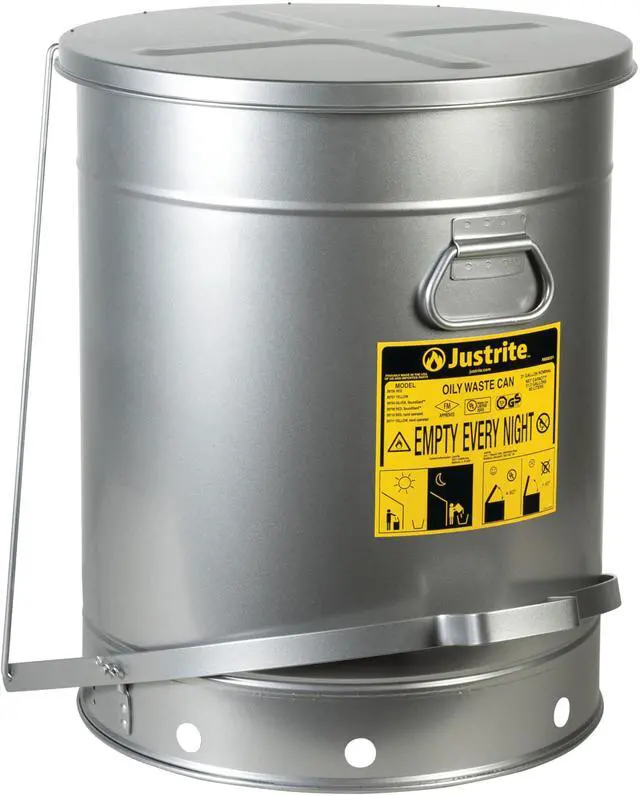 Main image of 21 Gallon Galvanized Steel Oily Waste Can, 23.5" x 18" Metal Oil Rag Safety Can with Quiet Foot Operated Self-Closing Lid for Oil Rag Disposal, Made in The USA, Silver, 09704