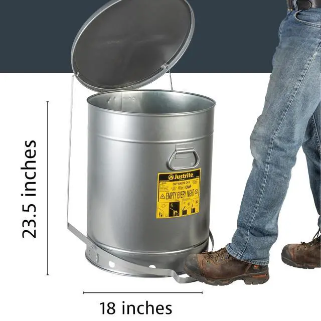 Alt view image 2 of 6 - 21 Gallon Galvanized Steel Oily Waste Can, 23.5" x 18" Metal Oil Rag Safety Can with Quiet Foot Operated Self-Closing Lid for Oil Rag Disposal, Made in The USA, Silver, 09704