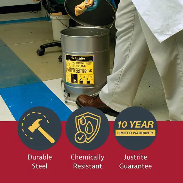 Alt view image 3 of 6 - 21 Gallon Galvanized Steel Oily Waste Can, 23.5" x 18" Metal Oil Rag Safety Can with Quiet Foot Operated Self-Closing Lid for Oil Rag Disposal, Made in The USA, Silver, 09704
