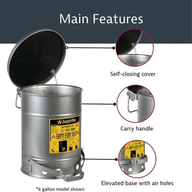 Alt view image 4 of 6 - 21 Gallon Galvanized Steel Oily Waste Can, 23.5" x 18" Metal Oil Rag Safety Can with Quiet Foot Operated Self-Closing Lid for Oil Rag Disposal, Made in The USA, Silver, 09704