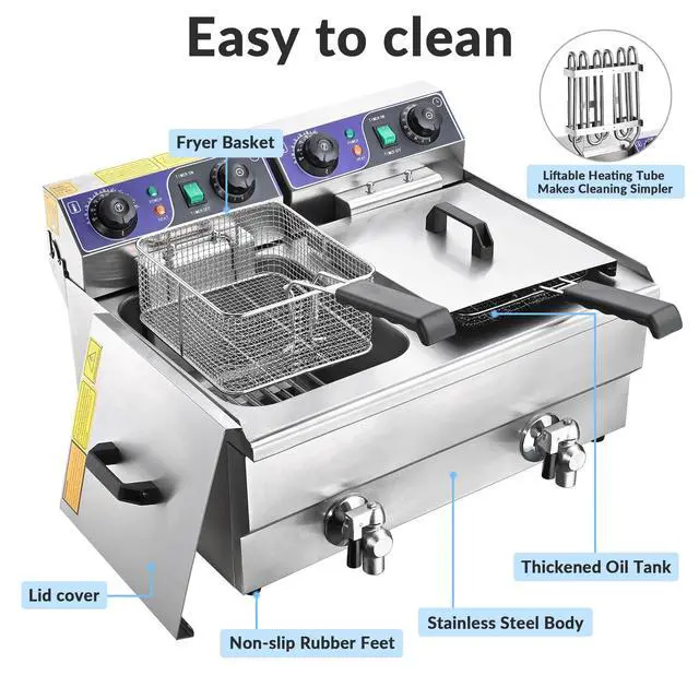 Alt view image 2 of 6 - Commercial Electric Deep Fryer 23.4L 3000W Fryer w/Time Control and Oil Filtration Dual Removable Basket Stainless Steel Countertop Fryer for Commercial Restaurant Use