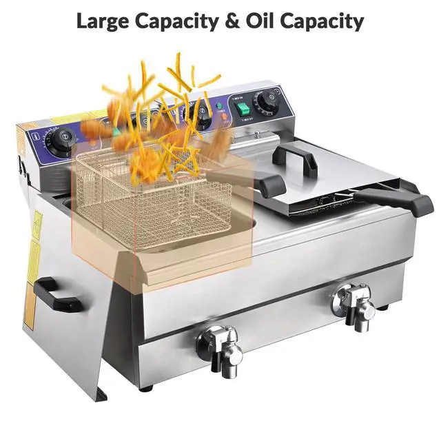 Alt view image 4 of 6 - Commercial Electric Deep Fryer 23.4L 3000W Fryer w/Time Control and Oil Filtration Dual Removable Basket Stainless Steel Countertop Fryer for Commercial Restaurant Use