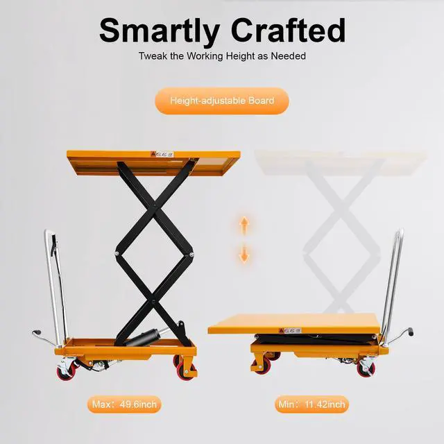 Alt view image 4 of 6 - Hydraulic Lift Table Cart, 770 Lbs Capacity, Manual Hydraulic Lifting Cart, 51in Max Lift Height, Double Scissor Hydraulic Lift Table Cart with 4 Wheels for Handling (770lbs)