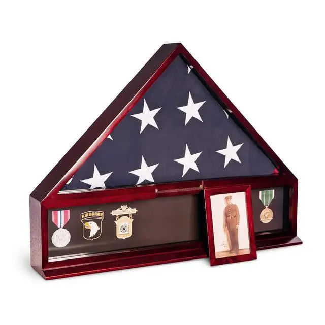 Alt view image 2 of 4 - Handcrafted Military Flag and Medal Display Wood Case Large Cherry Finish