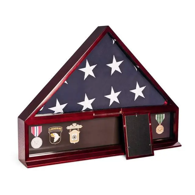 Alt view image 3 of 4 - Handcrafted Military Flag and Medal Display Wood Case Large Cherry Finish