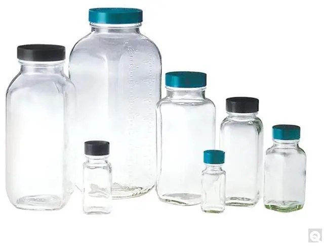 Main image of GLC-01318 Clear Glass French Square Bottle with 33-400 Black Phenolic Polyseal Cone Lined Cap, 45mm OD x 112mm Height, 4oz Capacity (Case of 120)
