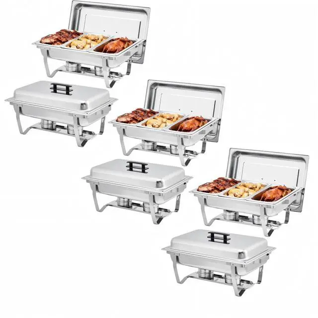 Main image of 6-Pack Stainless Steel Buffet Server Set 3-Well Rectangular Chafing Dishes, Multi-Compartment Food Warmers for Catering, Weddings, and Home Parties