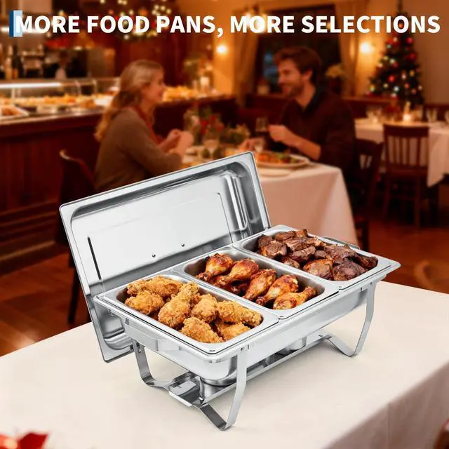 Alt view image 6 of 6 - 6-Pack Stainless Steel Buffet Server Set 3-Well Rectangular Chafing Dishes, Multi-Compartment Food Warmers for Catering, Weddings, and Home Parties