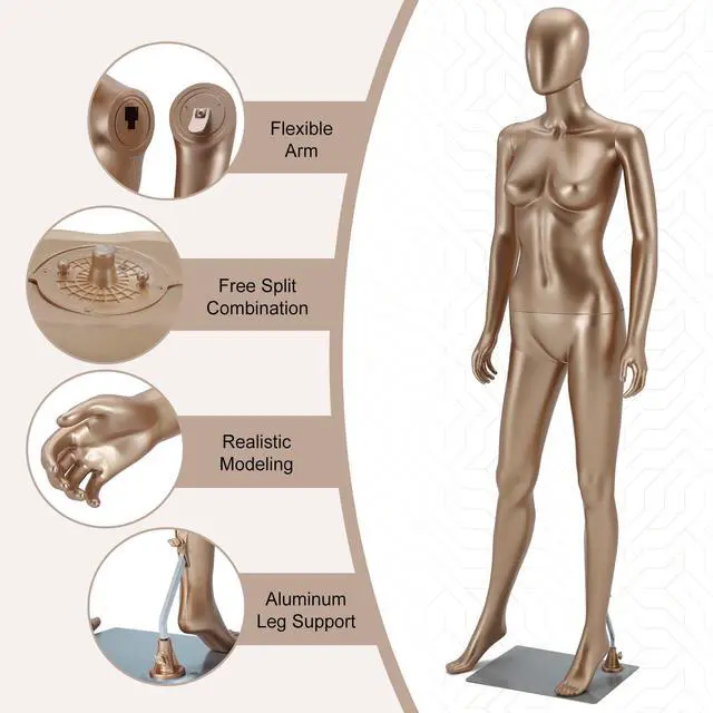 Alt view image 4 of 6 - Female Mannequin Full Body Matte Gold - 70 Detachable Woman Dress Form Mannequins Realistic Metal Base for Clothing Shops