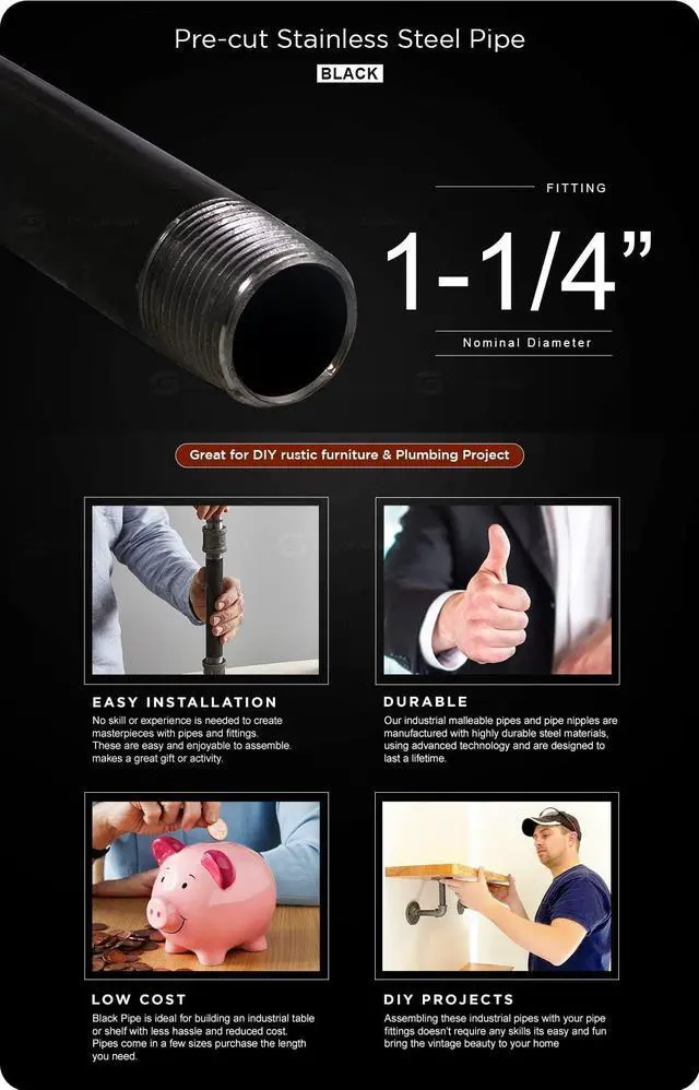 Alt view image 2 of 6 - 1-1/4 Inch Black Pipe, One And Quarter Inch Malleable Steel Pipes Fitting Build DIY Vintage Furniture, 1-1/4" x 36" (Pack Of 5)