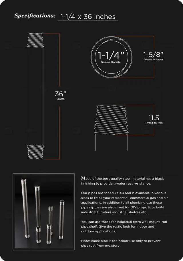 Alt view image 3 of 6 - 1-1/4 Inch Black Pipe, One And Quarter Inch Malleable Steel Pipes Fitting Build DIY Vintage Furniture, 1-1/4" x 36" (Pack Of 5)