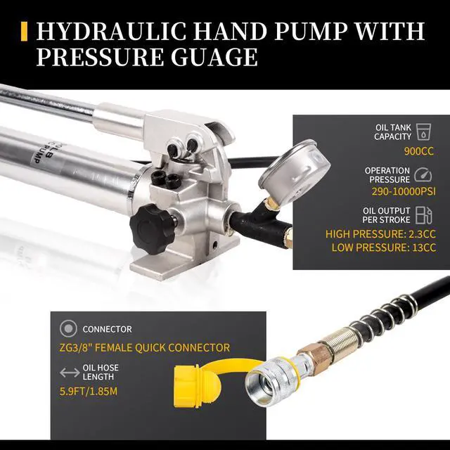 Alt view image 3 of 6 - CP-700 Hydraulic Pumps Hand Operated Pump 10000Psi - 900CC Aluminum Alloy Single Acting and 1.8M Hose with Pressure Gauge
