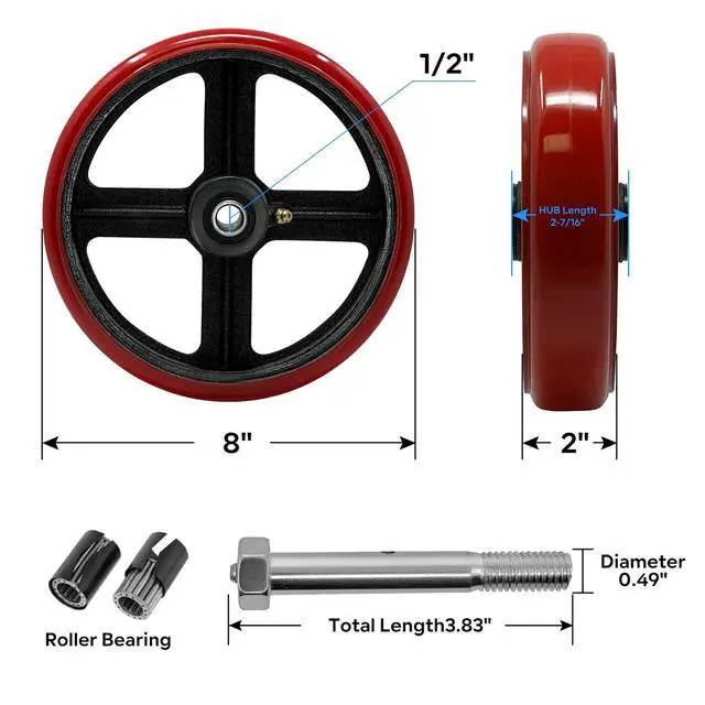Alt view image 2 of 6 - 8 inch Heavy Duty Caster Wheel-Industrial Caster Wheels, Polyurethane Tread Cast lron Wheels(Crown)- Set of 4 with up to 6000LB Capacity