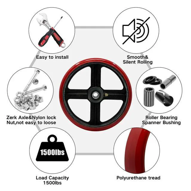 Alt view image 3 of 6 - 8 inch Heavy Duty Caster Wheel-Industrial Caster Wheels, Polyurethane Tread Cast lron Wheels(Crown)- Set of 4 with up to 6000LB Capacity