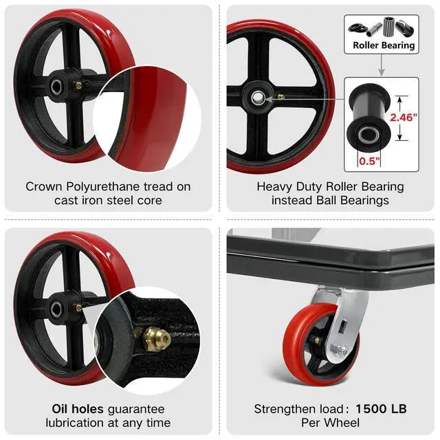 Alt view image 4 of 6 - 8 inch Heavy Duty Caster Wheel-Industrial Caster Wheels, Polyurethane Tread Cast lron Wheels(Crown)- Set of 4 with up to 6000LB Capacity