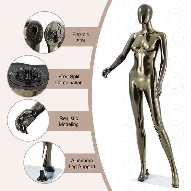 Alt view image 6 of 6 - Female Mannequin Full Body Bronze- Adjustable Dress Form Display Mannequin Clothing Form Plastic Detachable Manequins Stand Metal Base