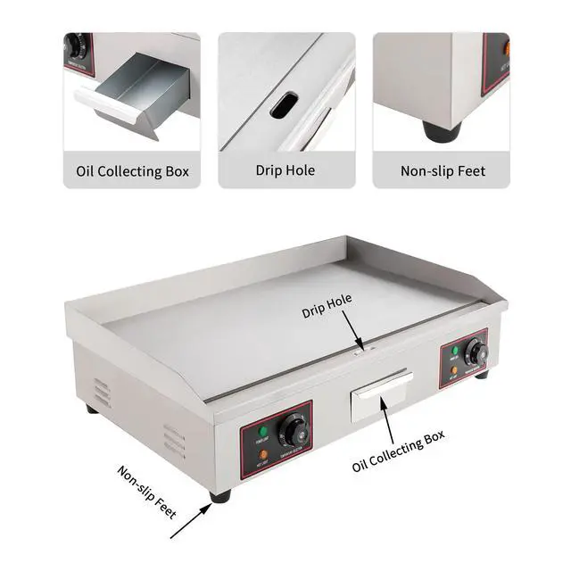 Alt view image 6 of 6 - Electric Flat Top Grill Indoor & Outdoor 3000W Commercial Countertop Griddle 28.7"x15.7" Stainless Steel Flat Top Teppanyaki Grill with Dual Independent Thermostatic Control(NO PLUG)