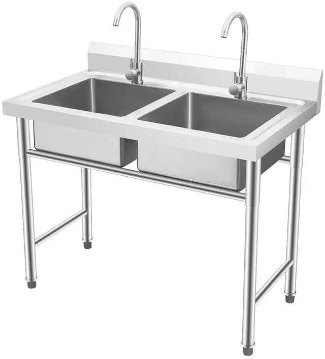 Main image of 2 Compartment Commercial Kitchen Sink, Stainless Steel Freestanding Double Bowl Utility Sink With 2 360° Rotating Faucet Heavy Duty Portable Double Sink for Kitchen Garage(35.8x21.3x40in)