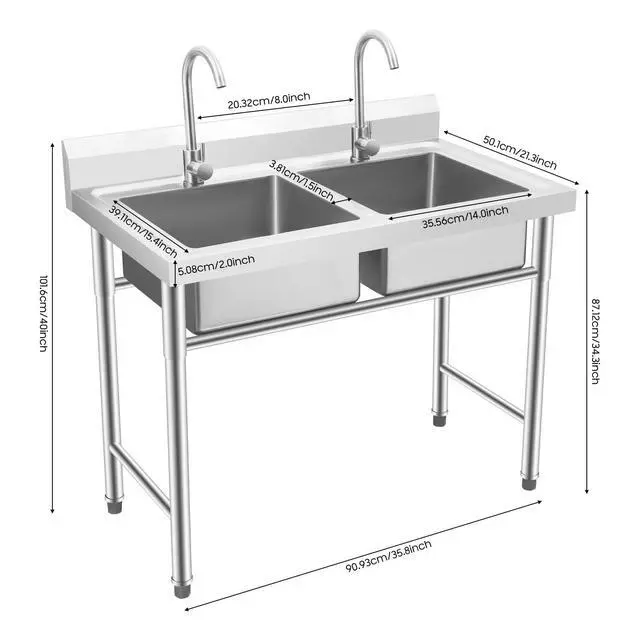 Alt view image 2 of 6 - 2 Compartment Commercial Kitchen Sink, Stainless Steel Freestanding Double Bowl Utility Sink With 2 360° Rotating Faucet Heavy Duty Portable Double Sink for Kitchen Garage(35.8x21.3x40in)