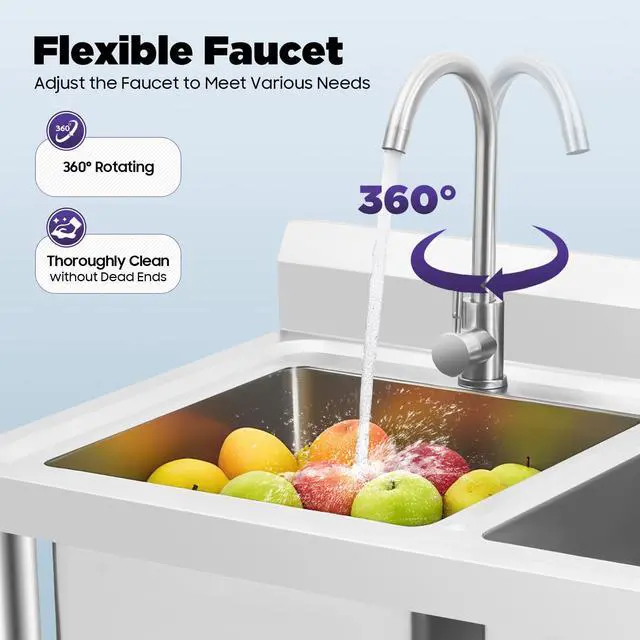 Alt view image 3 of 6 - 2 Compartment Commercial Kitchen Sink, Stainless Steel Freestanding Double Bowl Utility Sink With 2 360° Rotating Faucet Heavy Duty Portable Double Sink for Kitchen Garage(35.8x21.3x40in)