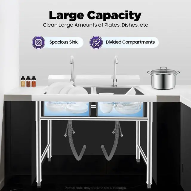 Alt view image 4 of 6 - 2 Compartment Commercial Kitchen Sink, Stainless Steel Freestanding Double Bowl Utility Sink With 2 360° Rotating Faucet Heavy Duty Portable Double Sink for Kitchen Garage(35.8x21.3x40in)