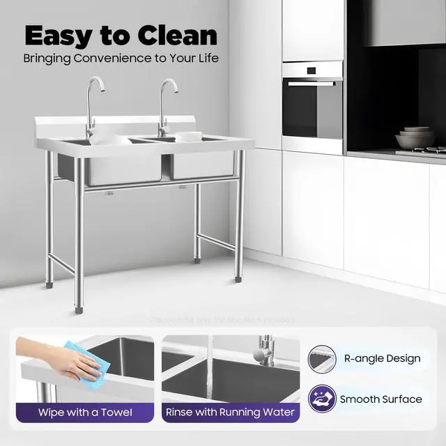 Alt view image 5 of 6 - 2 Compartment Commercial Kitchen Sink, Stainless Steel Freestanding Double Bowl Utility Sink With 2 360° Rotating Faucet Heavy Duty Portable Double Sink for Kitchen Garage(35.8x21.3x40in)