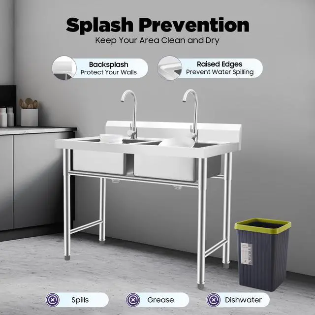 Alt view image 6 of 6 - 2 Compartment Commercial Kitchen Sink, Stainless Steel Freestanding Double Bowl Utility Sink With 2 360° Rotating Faucet Heavy Duty Portable Double Sink for Kitchen Garage(35.8x21.3x40in)