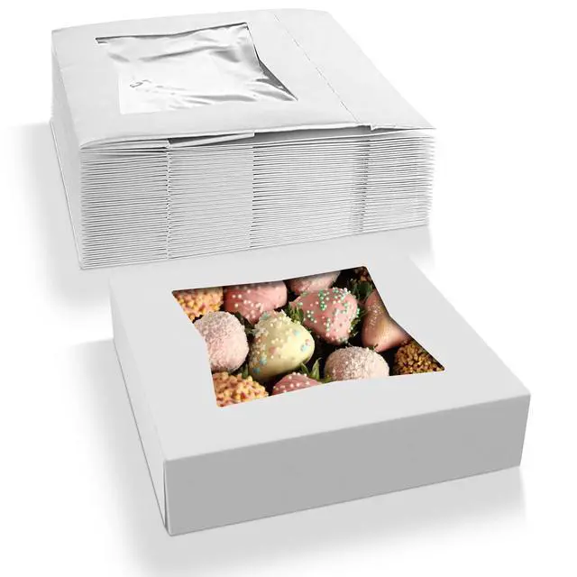 Alt view image 4 of 6 - Chocolate Covered Strawberry Boxes 9" x 9" x 2.5" - Auto Pop-Up Bakery Boxes with Window (Pack of 200) - Made in the USA