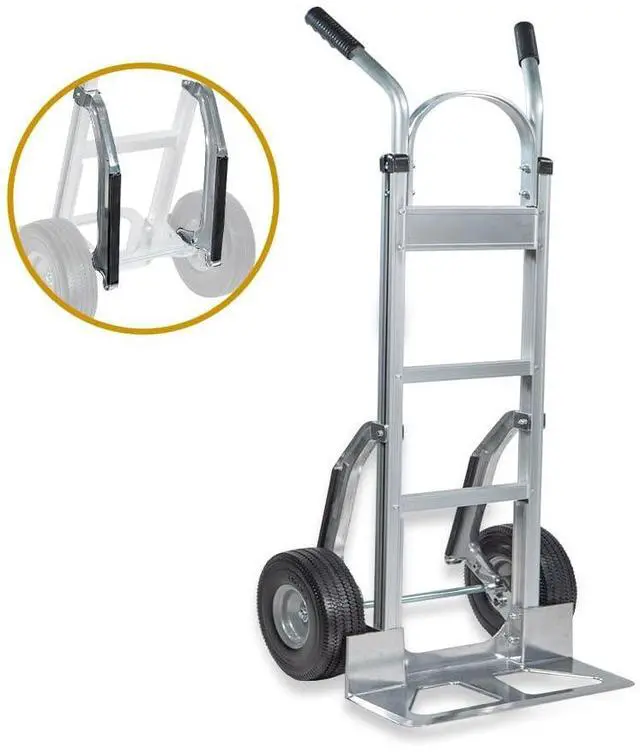 Alt view image 2 of 6 - 600 lbs Dual Handle Aluminum Hand Truck Heavy Duty Dolly with 10" Solid Caster Wheels - Large Hand Truck with Skid Bars - 52.3" x 17.5" with 19.3" x 7.5" Nose Plate