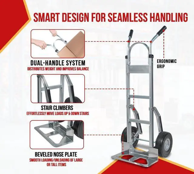 Alt view image 3 of 6 - 600 lbs Dual Handle Aluminum Hand Truck Heavy Duty Dolly with 10" Solid Caster Wheels - Large Hand Truck with Skid Bars - 52.3" x 17.5" with 19.3" x 7.5" Nose Plate