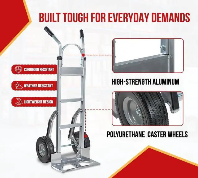Alt view image 4 of 6 - 600 lbs Dual Handle Aluminum Hand Truck Heavy Duty Dolly with 10" Solid Caster Wheels - Large Hand Truck with Skid Bars - 52.3" x 17.5" with 19.3" x 7.5" Nose Plate