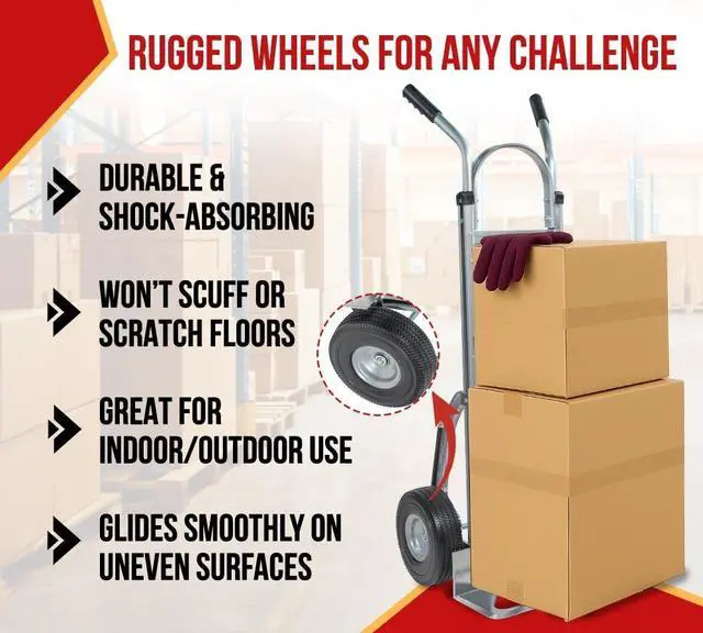 Alt view image 5 of 6 - 600 lbs Dual Handle Aluminum Hand Truck Heavy Duty Dolly with 10" Solid Caster Wheels - Large Hand Truck with Skid Bars - 52.3" x 17.5" with 19.3" x 7.5" Nose Plate