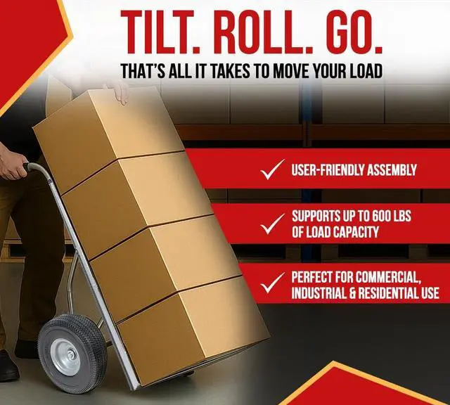 Alt view image 6 of 6 - 600 lbs Dual Handle Aluminum Hand Truck Heavy Duty Dolly with 10" Solid Caster Wheels - Large Hand Truck with Skid Bars - 52.3" x 17.5" with 19.3" x 7.5" Nose Plate