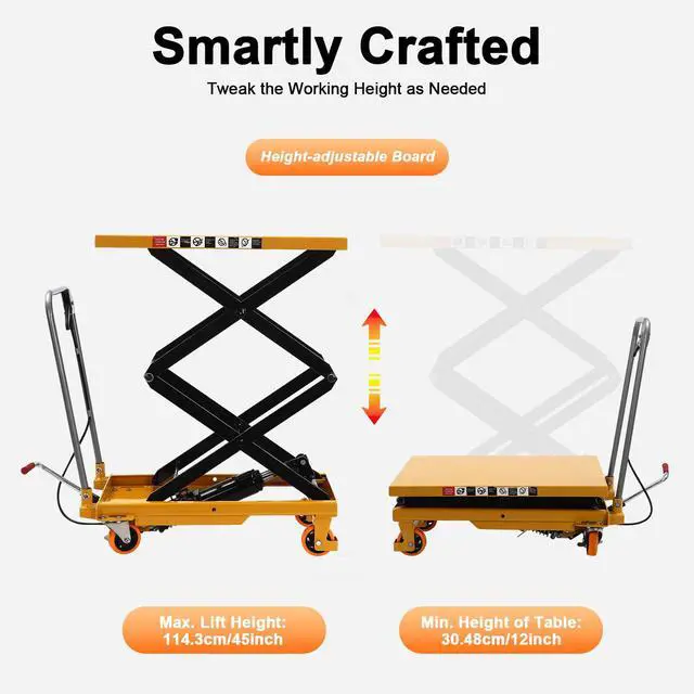 Alt view image 3 of 6 - Hydraulic Lift Table Cart, 330 Lbs Capacity, Manual Hydraulic Lifting Cart, 45in Max Lift Height, Double Scissor Hydraulic Lift Table Cart with 4 Wheels for Handling (330lbs)
