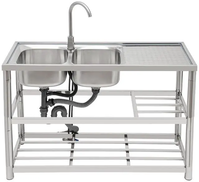 Main image of Free Standing Commercial Kitchen Sink Stainless Steel, Double Bowl Utility Sink with 360° Rotatable Faucet and Water Pipes Restaurant Outdoor Utility Sink Left Dual-Bowl (47x17.7x31.5in-A)