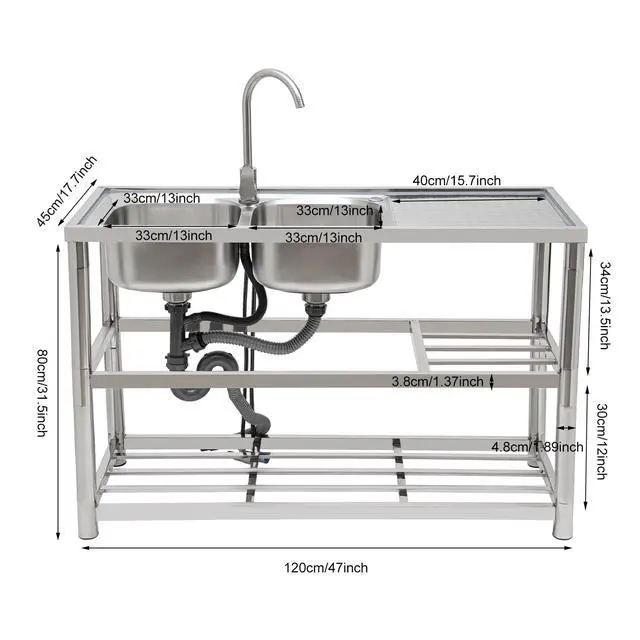 Alt view image 2 of 6 - Free Standing Commercial Kitchen Sink Stainless Steel, Double Bowl Utility Sink with 360° Rotatable Faucet and Water Pipes Restaurant Outdoor Utility Sink Left Dual-Bowl (47x17.7x31.5in-A)