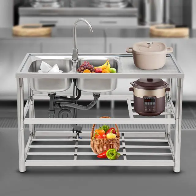 Alt view image 5 of 6 - Free Standing Commercial Kitchen Sink Stainless Steel, Double Bowl Utility Sink with 360° Rotatable Faucet and Water Pipes Restaurant Outdoor Utility Sink Left Dual-Bowl (47x17.7x31.5in-A)