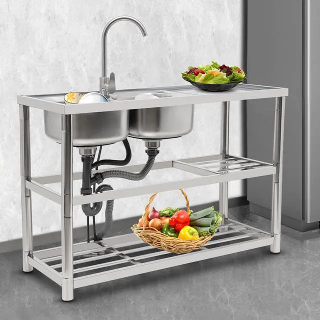Alt view image 6 of 6 - Free Standing Commercial Kitchen Sink Stainless Steel, Double Bowl Utility Sink with 360° Rotatable Faucet and Water Pipes Restaurant Outdoor Utility Sink Left Dual-Bowl (47x17.7x31.5in-A)