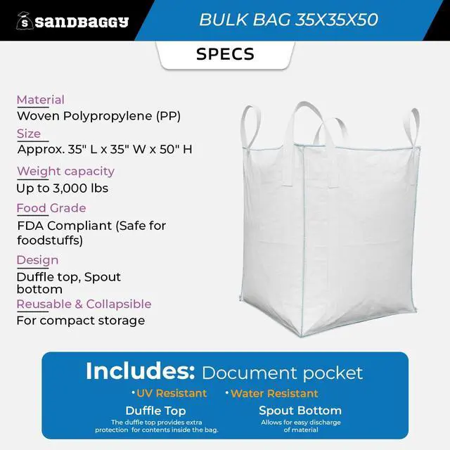 Alt view image 2 of 6 - FIBC Bulk Bag | 35" L x 35" W x 50 Inch Height | Large Sandbags | Industrial Grade Bag Holds Up to 3000 LBS or 45 Cubic Ft. | FDA Compliant | UV Protected (Pack of 2)