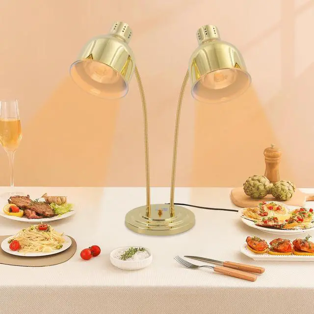 Main image of 500W Food Heat Lamp, Gold Portable Commercial Electric Food Warmer Stainless Steel Double-Head Food Warmers Catering Food Warming Equipment with 2 Bulbs for Parties Food Service Hotels Cafeteria