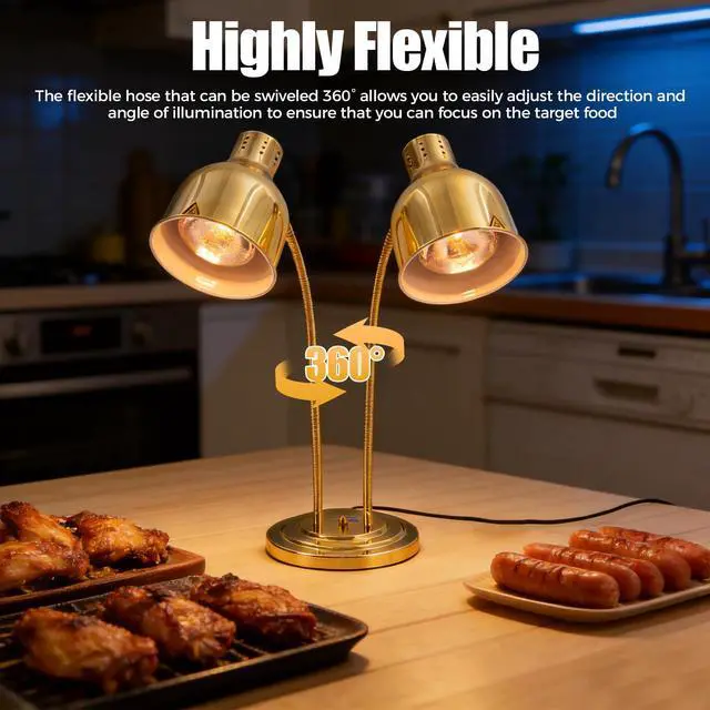 Alt view image 2 of 6 - 500W Food Heat Lamp, Gold Portable Commercial Electric Food Warmer Stainless Steel Double-Head Food Warmers Catering Food Warming Equipment with 2 Bulbs for Parties Food Service Hotels Cafeteria