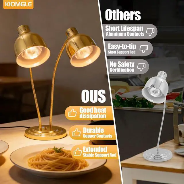Alt view image 4 of 6 - 500W Food Heat Lamp, Gold Portable Commercial Electric Food Warmer Stainless Steel Double-Head Food Warmers Catering Food Warming Equipment with 2 Bulbs for Parties Food Service Hotels Cafeteria
