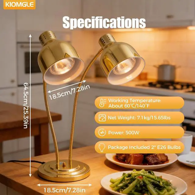 Alt view image 6 of 6 - 500W Food Heat Lamp, Gold Portable Commercial Electric Food Warmer Stainless Steel Double-Head Food Warmers Catering Food Warming Equipment with 2 Bulbs for Parties Food Service Hotels Cafeteria