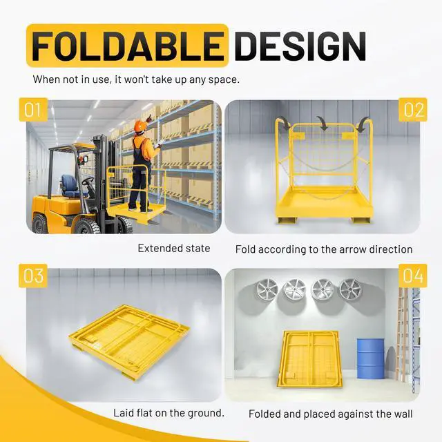 Alt view image 4 of 6 - Heavy Duty Steel Forklift Safety Cage - 36x36 Foldable Work Platform, 1200 LBS Load Capacity